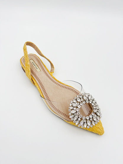 Yellow Textured Slingback Flats with Crystal Detail