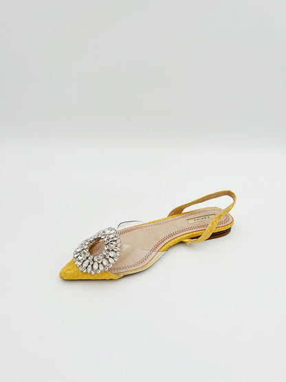 Yellow Textured Slingback Flats with Crystal Detail