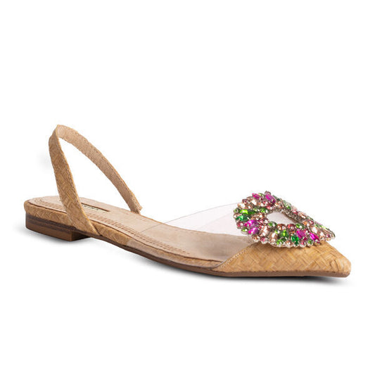 Beige Raffia Slingback Flat with Crystal Embellishment
