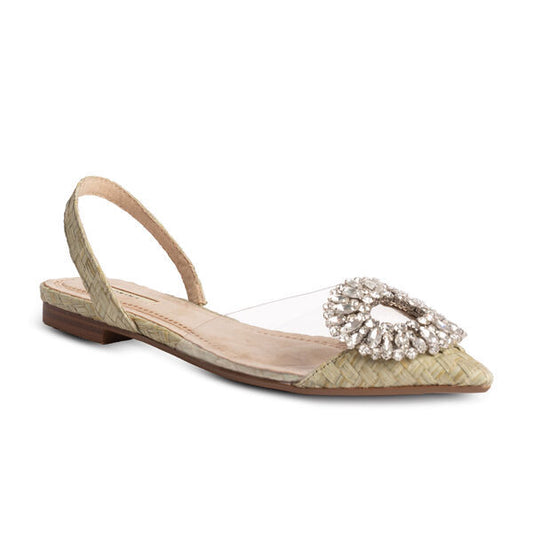 Natural Straw Slingback Flat with Embellished Buckle