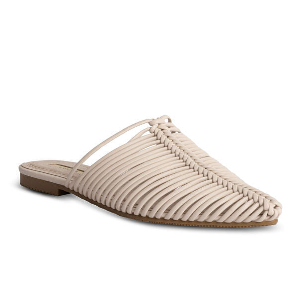 Beige Woven Pointed Mules with Rattan Texture