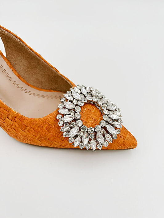 Orange Woven Slingback Heels with Rhinestone Embellishment