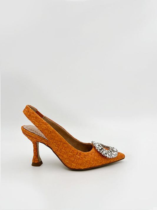 Orange Woven Slingback Heels with Rhinestone Embellishment