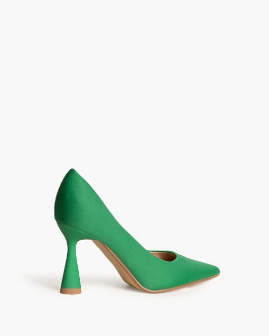 Green Satin Pointed-Toe Pump with Flared Heel