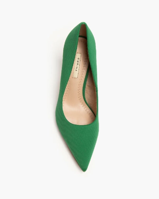 Green Satin Pointed-Toe Pump with Flared Heel