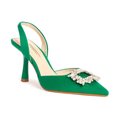 Green Satin Slingback Heels with Crystal Embellishment