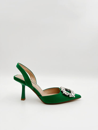 Green Satin Slingback Heels with Crystal Embellishment