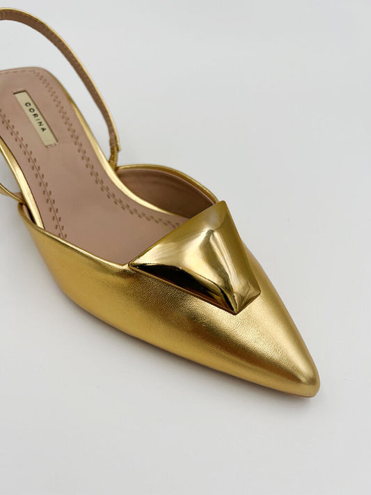 Gold Metallic Slingback Pump with Geometric Accent