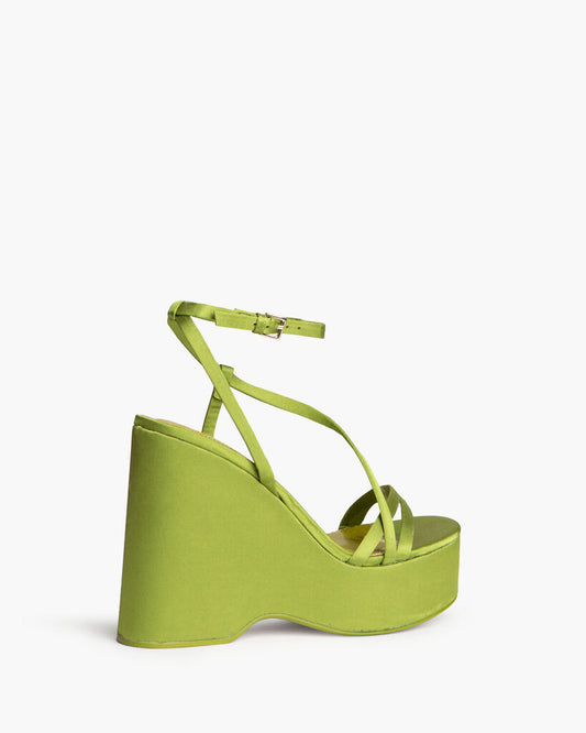 Olive Satin Wedge Sandal with Ankle Strap