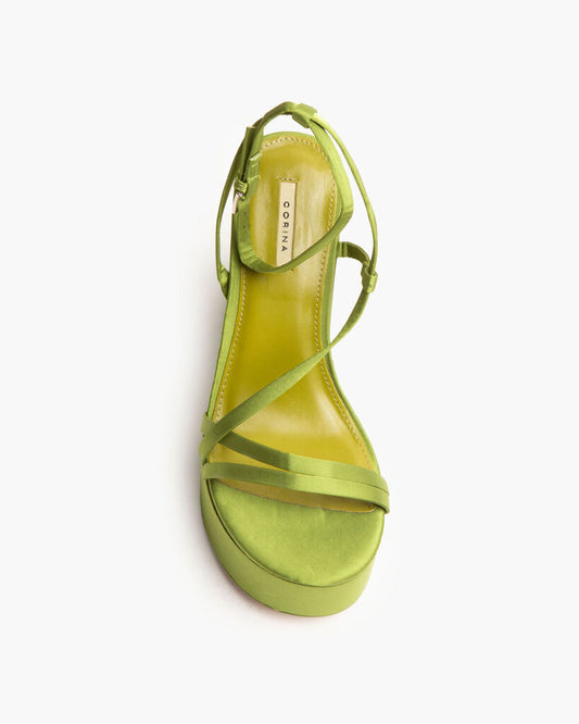 Olive Satin Wedge Sandal with Ankle Strap