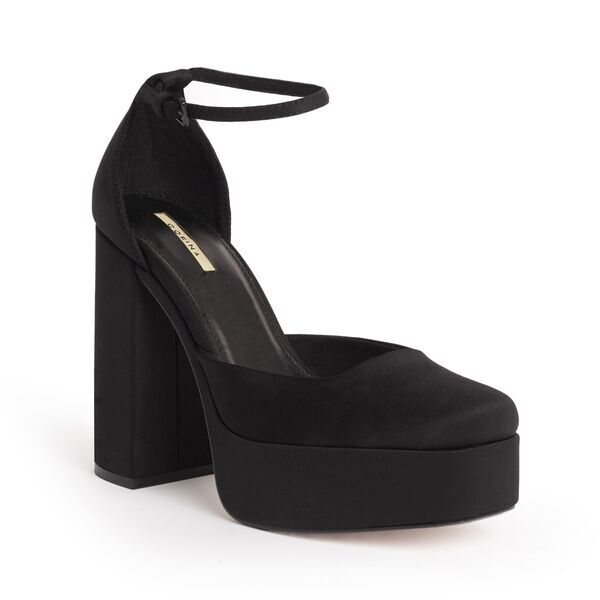 Black Platform Ankle Strap Heels with Block Heel