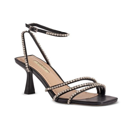Black Strappy Heel Sandal with Rhinestone Details