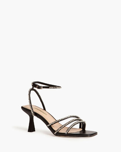Black Strappy Heel Sandal with Rhinestone Details