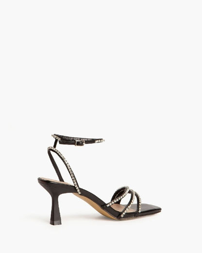 Black Strappy Heel Sandal with Rhinestone Details