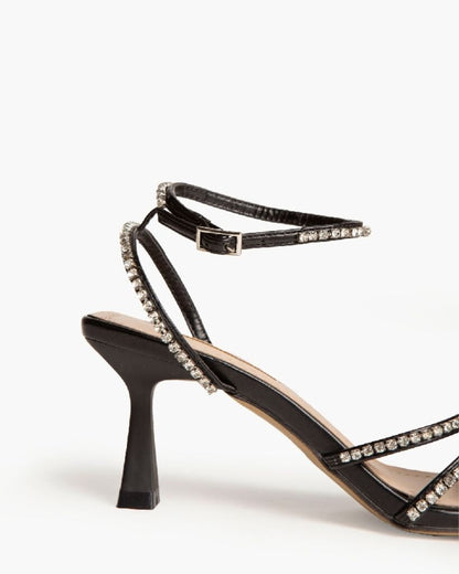 Black Strappy Heel Sandal with Rhinestone Details