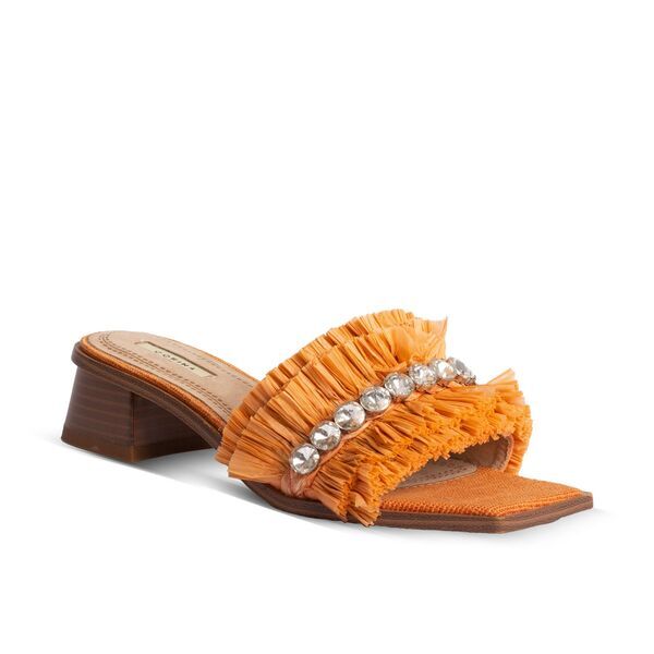 Orange Raffia Block Heel Sandal with Rhinestones