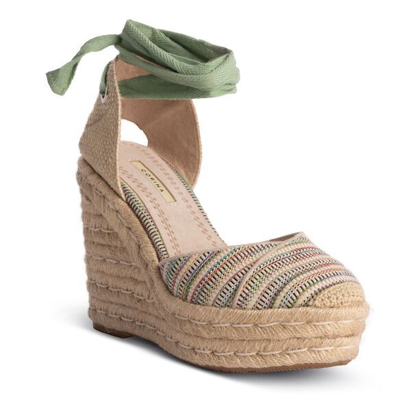 Green Striped Wedge Espadrilles with Ankle Tie