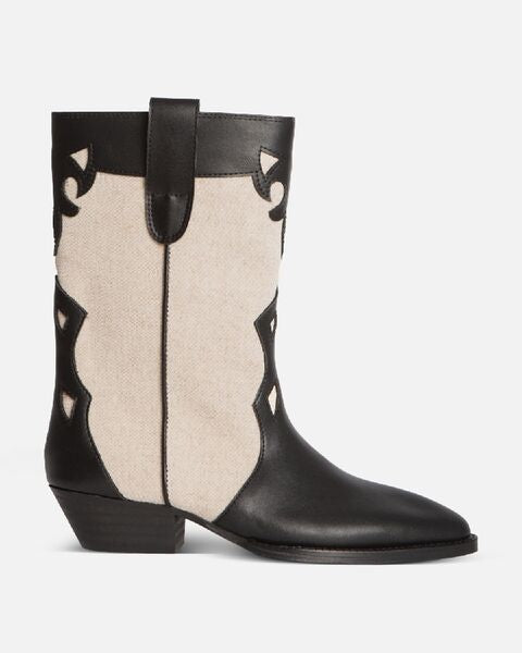 Black and Beige Leather Cowboy Boots with Cut-Out Detail