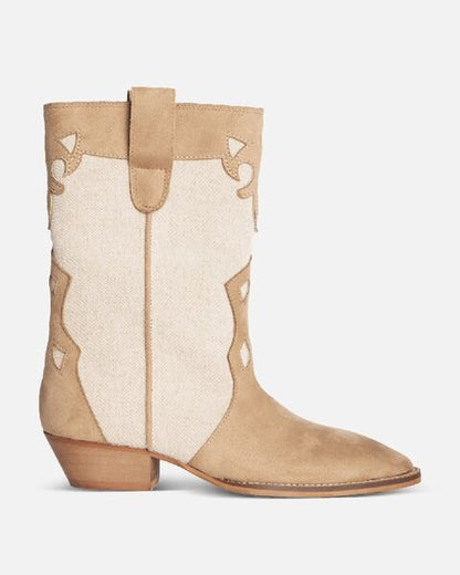 Beige Suede Canvas Cowboy Boots with Western Stitching