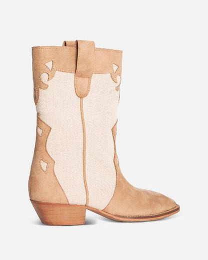 Beige Suede Canvas Cowboy Boots with Western Stitching