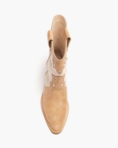 Beige Suede Canvas Cowboy Boots with Western Stitching