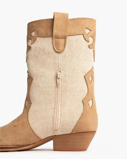 Beige Suede Canvas Cowboy Boots with Western Stitching