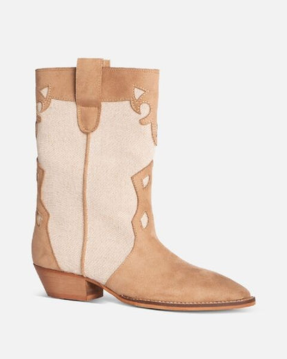 Beige Suede Canvas Cowboy Boots with Western Stitching