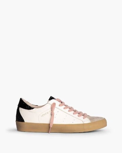 White Leather Sneakers with Pink Laces and Suede Accents