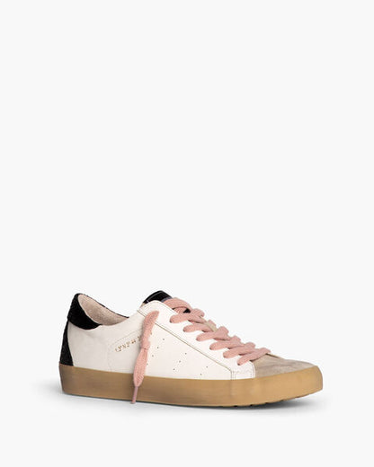 White Leather Sneakers with Pink Laces and Suede Accents