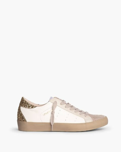 White and Glitter Low-Top Sneakers with Beige Accents