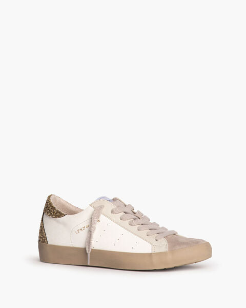 White and Glitter Low-Top Sneakers with Beige Accents