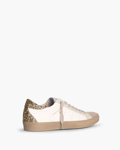White and Glitter Low-Top Sneakers with Beige Accents