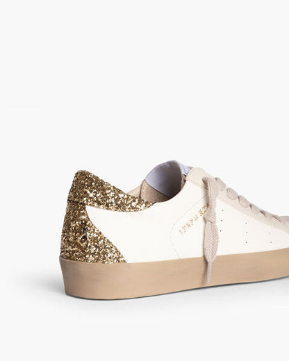 White and Glitter Low-Top Sneakers with Beige Accents