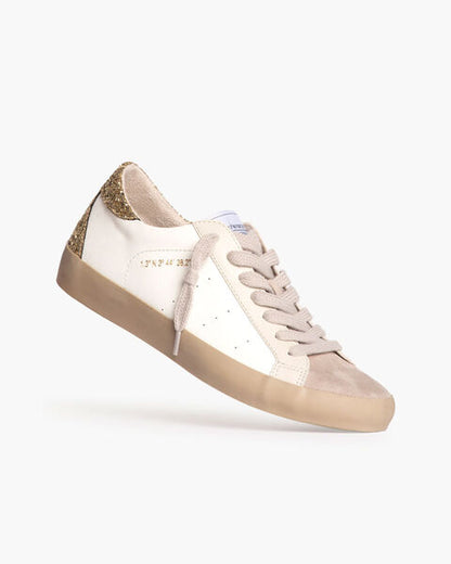 White and Glitter Low-Top Sneakers with Beige Accents