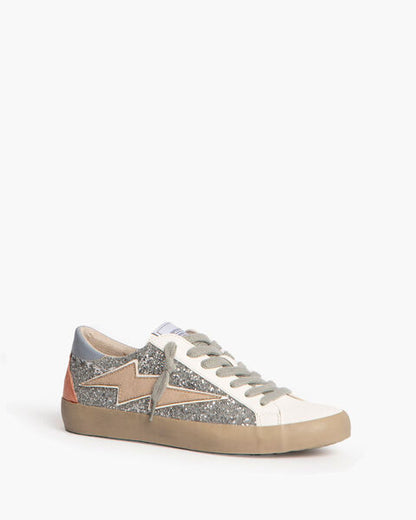 Silver Glitter Sneakers with Lightning Bolt Accent