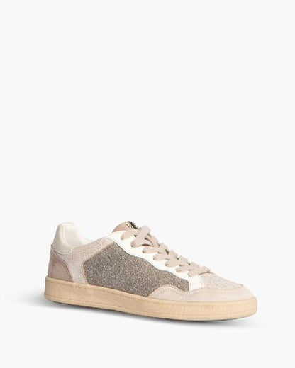 Beige Glitter Low-Top Sneakers with Textured Panels