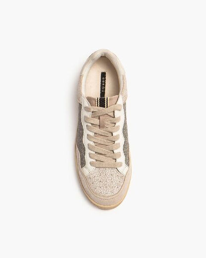Beige Glitter Low-Top Sneakers with Textured Panels