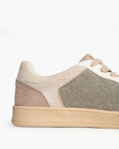 Beige Glitter Low-Top Sneakers with Textured Panels