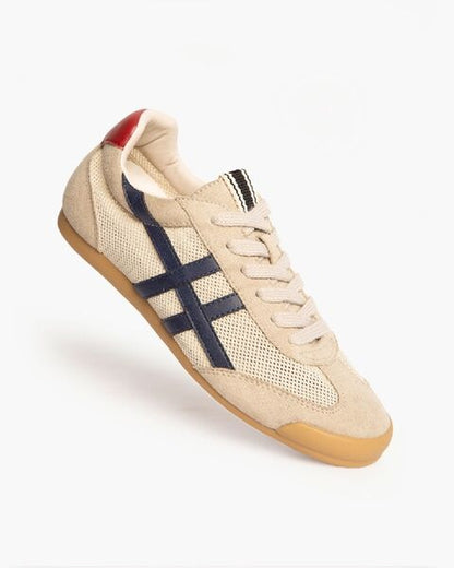 Beige Textured Sneakers with Contrast Stripes