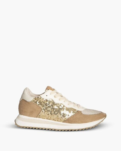 Gold Sequin Embellished Sneakers with Suede Accents