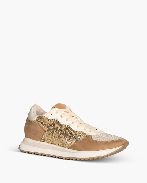 Gold Sequin Embellished Sneakers with Suede Accents