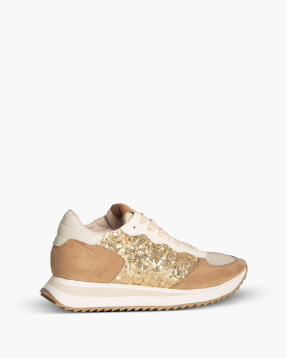 Gold Sequin Embellished Sneakers with Suede Accents