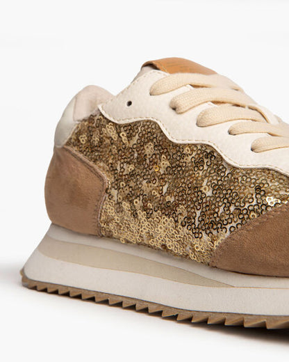 Gold Sequin Embellished Sneakers with Suede Accents