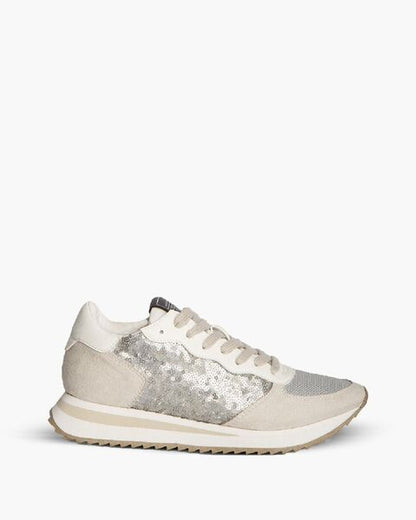 Neutral Glitter Suede Sneakers with Lace-Up Closure
