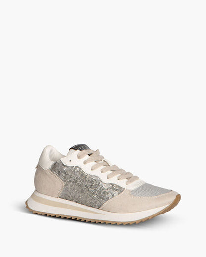Neutral Glitter Suede Sneakers with Lace-Up Closure