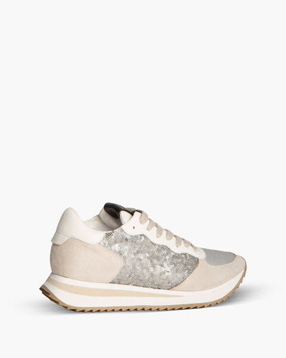 Neutral Glitter Suede Sneakers with Lace-Up Closure