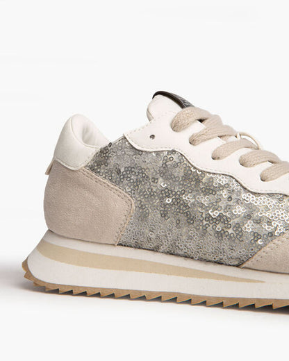 Neutral Glitter Suede Sneakers with Lace-Up Closure