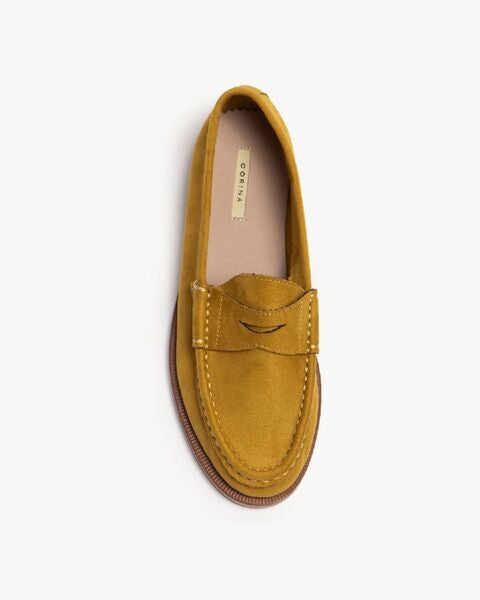 Mustard Suede Loafers with Stitched Detailing