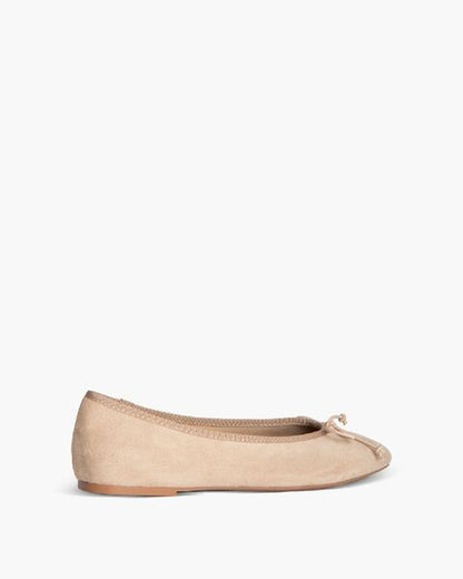 Beige Suede Ballet Flats with Bow Detail