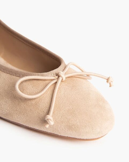 Beige Suede Ballet Flats with Bow Detail